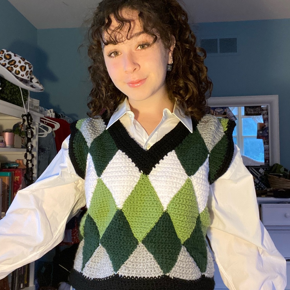 Homemade Crochet Green, Black and White Sweater Vest - Picture 3 of 5